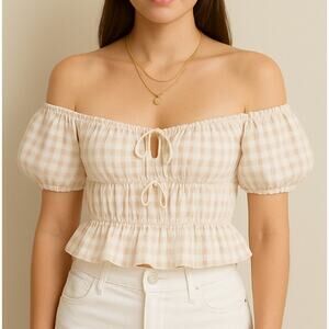 NWT Juniper Blu Gingham Blouse - Beige Tan and White